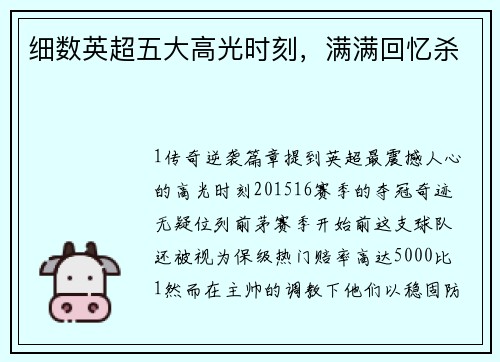 细数英超五大高光时刻，满满回忆杀