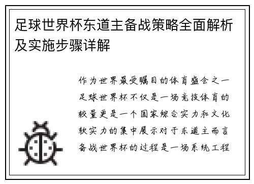 足球世界杯东道主备战策略全面解析及实施步骤详解